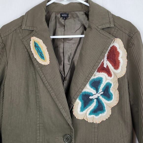 Aziz Womens Olive Cotton Embroidered‎ Flap Pockets One Button Blazer Jacket Sz L - Picture 3 of 12